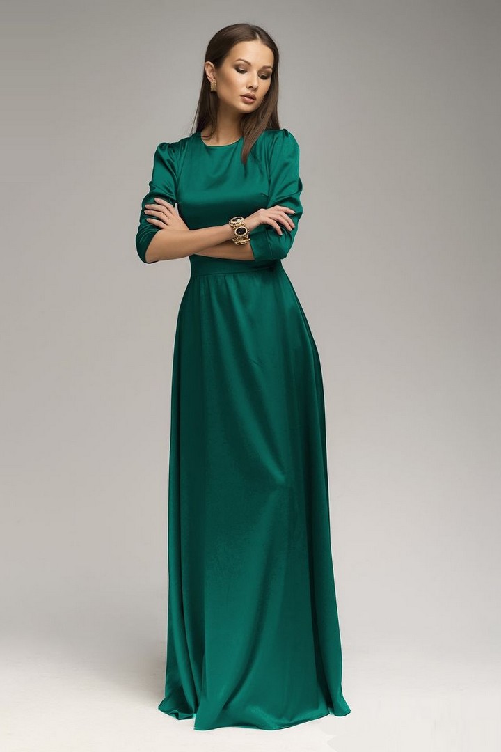 Фото товара 21149, изумрудное атласное платье с рукавом 3/4